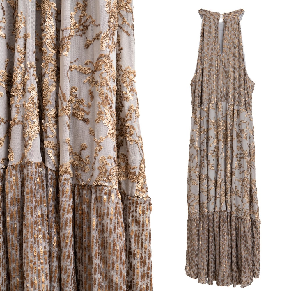 Formal Maxi Dress 2X Roaring 20s Gold Sequin Halter Neck Tiered Gatsby Art Deco